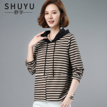 Hooded striped T-shirt womens long sleeves 2021 New Korean version loose size slim casual base sweater