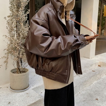 HOZI white duck down profile loose PU leather jacket retro lapel jacket short down jacket winter coat mens tide