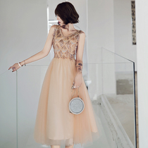 Womens 2021 new summer Champagne Gold Banquet host usually can wear evening dress dress long