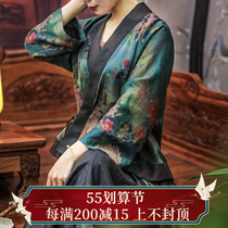 Half-life-Chinese style Chinese style meditation female retro art down big sleeves Genuine Silk Special price fragrant cloud yarn Silk Short Blouse