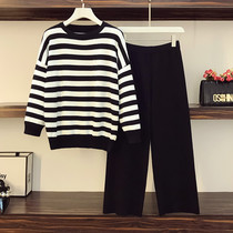  Big woman high-end large size womens clothing autumn 2020 new fat mm thin Western style knitwear wide leg pants two-piece suit