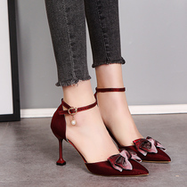 2021 new silk satin bow womens single shoes with pointed head high heels word with sandals red wedding shoes trendy shoes