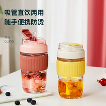 Glass cup with straw female summer high-value water cup cute portable coffee cup with hand cup with cup brewed cup