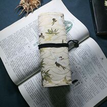 Wind pen bag handmade fabric Japanese-style crane pen curtain pen bag Ancient style roll pen bag bronzing cloud crane roll pen curtain