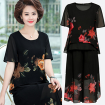 Mother summer suit 2020 new middle-aged womens culottes two-piece middle-aged womens short sleeve chiffon dress