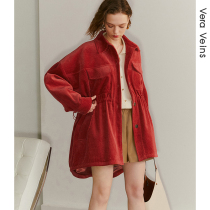 Thick corduroy waist long windbreaker spring new small red temperament White profile coat women