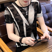 Mens Short Sleeve Round Neck T-Shirt Summer Korean Style Mulberry Silk Casual Half Sleeve Thin Ice Silk Hollow Print T-Shirt