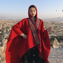 Ethnic style cape-style large shawl womens autumn and winter hooded thickened red Tibet Xinjiang travel photo cloak jacket