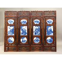 Old frame inlaid porcelain plate painting blue and white eight immortals crossing the sea four hanging screens-AD02013