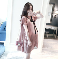 Pregnant women dress summer loose personality style chiffon Medium-length dress bow pregnant mother tide dress fairy summer dress Super fairy