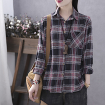 Han Suoyi retro Literature Spring and Autumn new cotton shirt Plaid womens long sleeve womens jacket loose casual