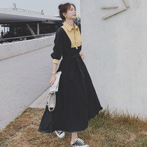 MAJE KARA early autumn long dress 2022 new contrast color stitching long sleeve loose slim skirt