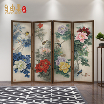 New Chinese solid wood Li Xiaoming peony semi-transparent pattern luminous with lamp folding screen living room partition mobile folding screen