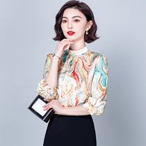 Seven-quarter sleeve chiffon shirt womens summer 2021 new print fashion collar shirt Joker slim waist shirt