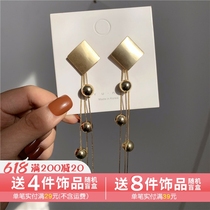 S925 Silver Needle Korea Superior Sensation Super Fairy girl Long Flow Suear Nail Geometric Square Metal Ball Earrings B468