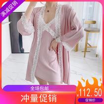  Pure cotton pajamas womens autumn and winter sexy lace suspender nightgown with chest pad two-piece long-sleeved Korean home service cotton