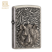 Cool treasure kerosene lighter brass three-sided carving tiger head sticker retro nostalgic personality windproof men
