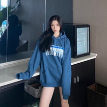 SANJATI CRANE kids smog blue plus velvet hoodie couple men and women with the same national tide loose sweater