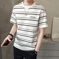 Mens Short-sleeved T-shirt Strip Strip Strip for Summer High Street White High-end Past Harbor