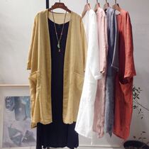 2022 Summer new cotton linen cardiovert sunscreen woman loose art big code Long-style air-conditioned sweatshirt shawl jacket