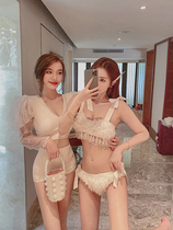 Swimsuit womens net red with sexy white bikini three-piece fairy fan photo beach resort hot spring swimsuit
