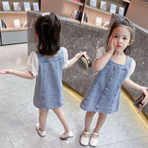 Girl Denim Dress Summer Dress Denim Harness Skirt Child Denim Dress Dress Spring Autumn Long Sleeve Skirt Middle Child