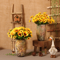 Pottery Jar Vase Sunflower Emulation Bouquet Living-room Table Fake Flower Pendulum Piece Decorated Flower Arrangement Adornment Retro Furnishing