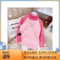 Girls sweater 2022 winter new foreign style childrens fleece turtleneck stitching all-match little girls top pullover