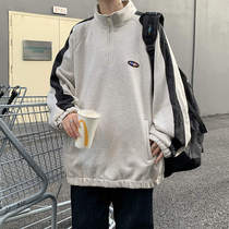 Splice cashew flower sweater mens Tide brand ins semi-zipper stand neck coat spring and autumn Hong Kong style loose Ruffian handsome coat