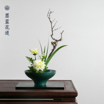 Peacock green high foot plate flower arrangement flower utensils Japanese style Sword Mountain Flower arrangement Zen style bucket flower plate flower pot