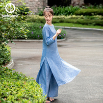 samyama cotton linen series linen blue yoga clothing women autumn and winter New loose long sleeve dress top