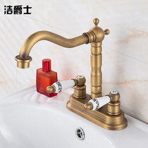 All-copper antique double-hole basin faucet Under-table basin European-style double-handle double-hole retro hot and cold water faucet can be rotated