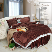 Princess style winter warm thickened girl heart double-sided velvet coral Velvet crystal velvet round bed four-piece bed skirt quilt cover