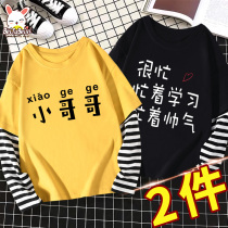  Boys long-sleeved t-shirt Mens big childrens autumn cotton autumn clothes T-shirt childrens fake two-piece top Boys autumn clothes