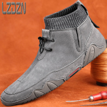 Mens Beans Eight Paws Fish Tide Mens Shoes Genuine Leather Shoes Retro Handmade Soft Bottom No Shoelaces High Help High Waist Midbony Leather Boots