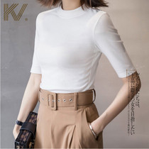  White mid-sleeved t-shirt womens pure cotton half-sleeved slim-fitting thin spring and autumn temperament half high-neck solid color tight bottoming shirt women