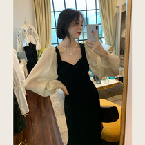SYT mystery bursting V-neck black stitching velvet dress womens early autumn new high waist bubble sleeve skirt