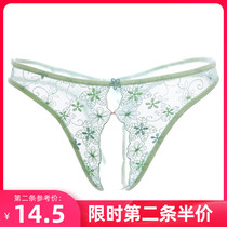 Sexy womens T-shaped pants T-bar beautiful embroidery Ice Silk perspective mesh lace seduction couple crotch panties