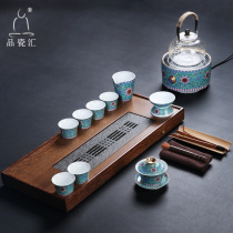  Chicken wings solid wood tea tray Enamel color TV pottery stove tea set Chinese Rosewood sandalwood ebony Goldstone Gaiwan tea