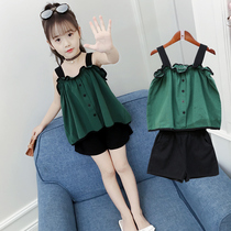 Korean Girls Set Summer 2021 New Kids Thin Suspender Shorts Foreign Fashion Fashion Little Girl Two-Piece