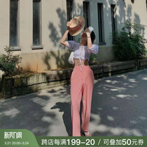 deessesicile trendy tides Out of the street High waist straight sleeves Pants Wide Pants Pink Casual Long Pants Women Pants Thin