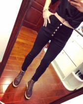 Skinny leg god~second shou10 pounds of pants king Jb high waist 5 buckle flocking slim black high elastic pencil pants