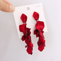 925 silver needle face thin sexy rose petals long earrings female European and American exaggerated red earrings earrings Net Red