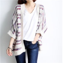 Autumn mohair cardigan womens short Joker horizontal stripes loose fashion seven-point sleeve Buckless shawl new womens clothing