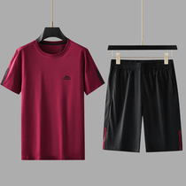 2022 Summer New Middle Aged Sports Suit Men Short Sleeve Shorts Round Collar Dad Casual Dark Red Clothing Thin