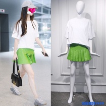 Star same clothes angelababy Yang Ying Airport green pleated leather short skirt suit