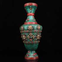 Old pieces of red copper inlaid green pine eight treasures high 34*13cm 1kg Auspicious Eight Treasure Vase ornaments