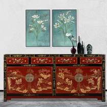 Chinese Imitation Vintage Make Old Furniture Solid Wood Dining Side Cabinet Lockers Hand-painted Sketching and Ancient Genguan Cabinet Decoration Cabinet