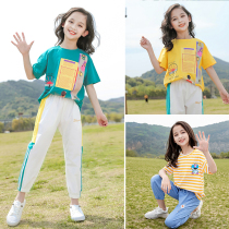 Korean girls short sleeve T-shirt 2022 new summer cotton medium big boy half sleeve foreign casual sports set trend