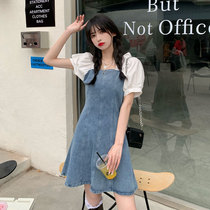 Design Sensation Small Crowdsourced two Lean Splicing Wash Water Denim dress Dress Bubble Cuff style A word short dress